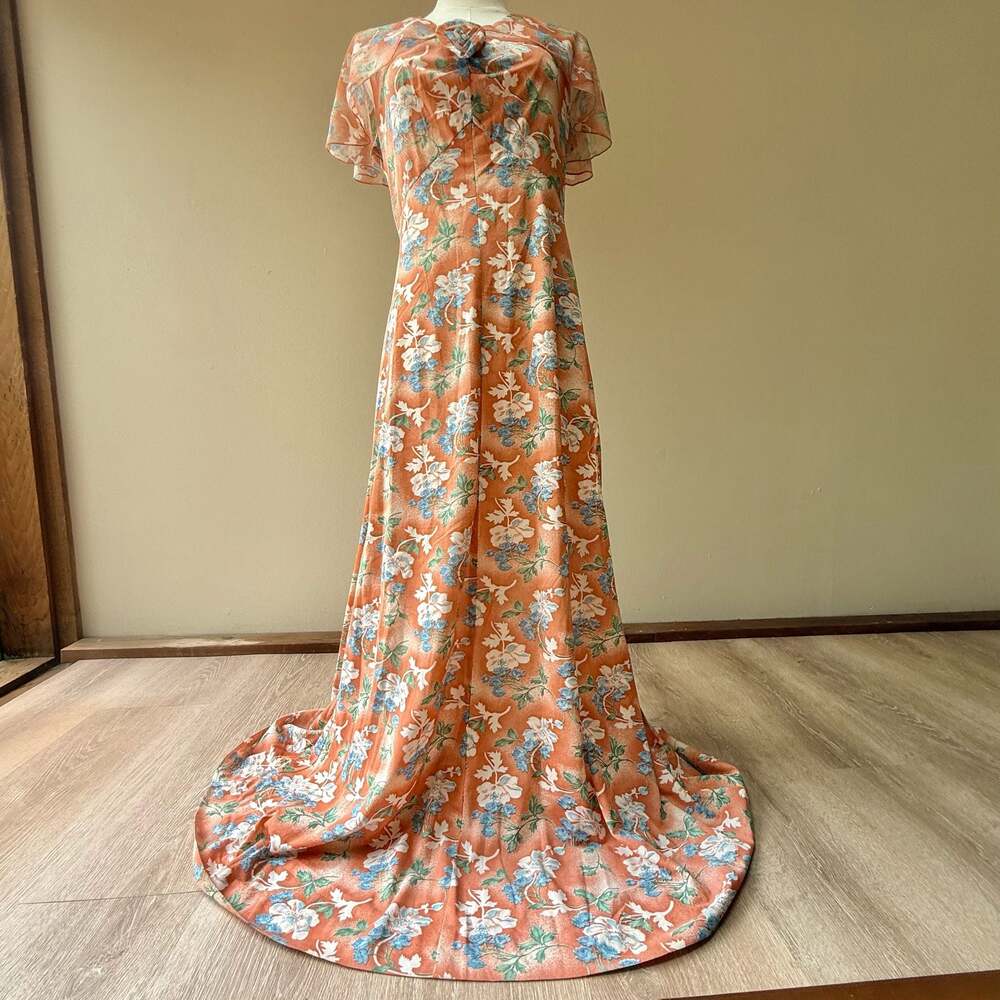Vintage 1970s Orange Floral Print Maxi Dress Capelet Flutter Sleeve